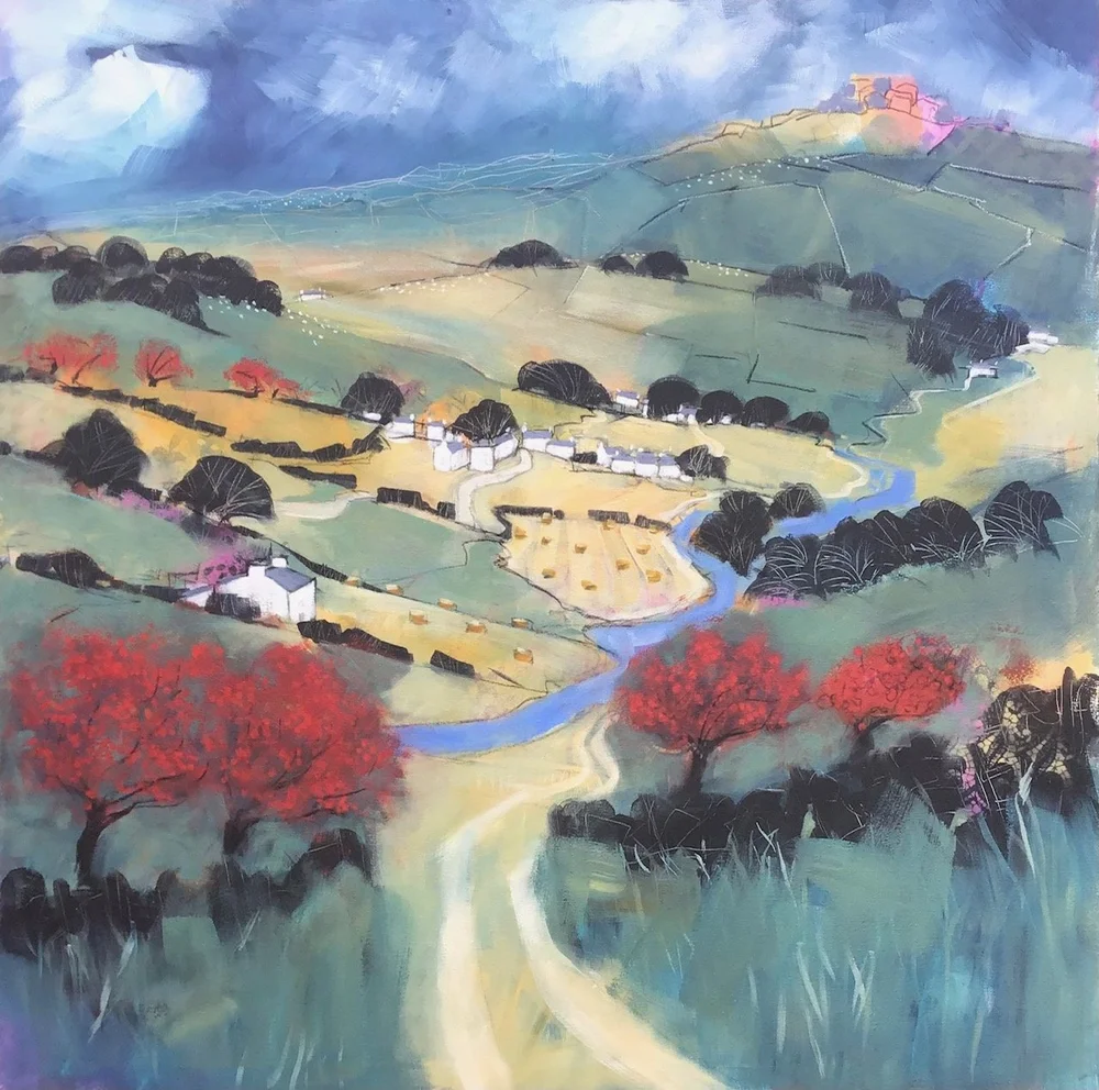 A colorful painting of a rural landscape with rolling hills, trees with red foliage, a small winding river, and scattered buildings. The sky is cloudy with hints of blue and pink.