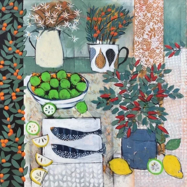 Fruits, lemons, limes, bowl of green apples, and a fish on a table with plants and a floral background.