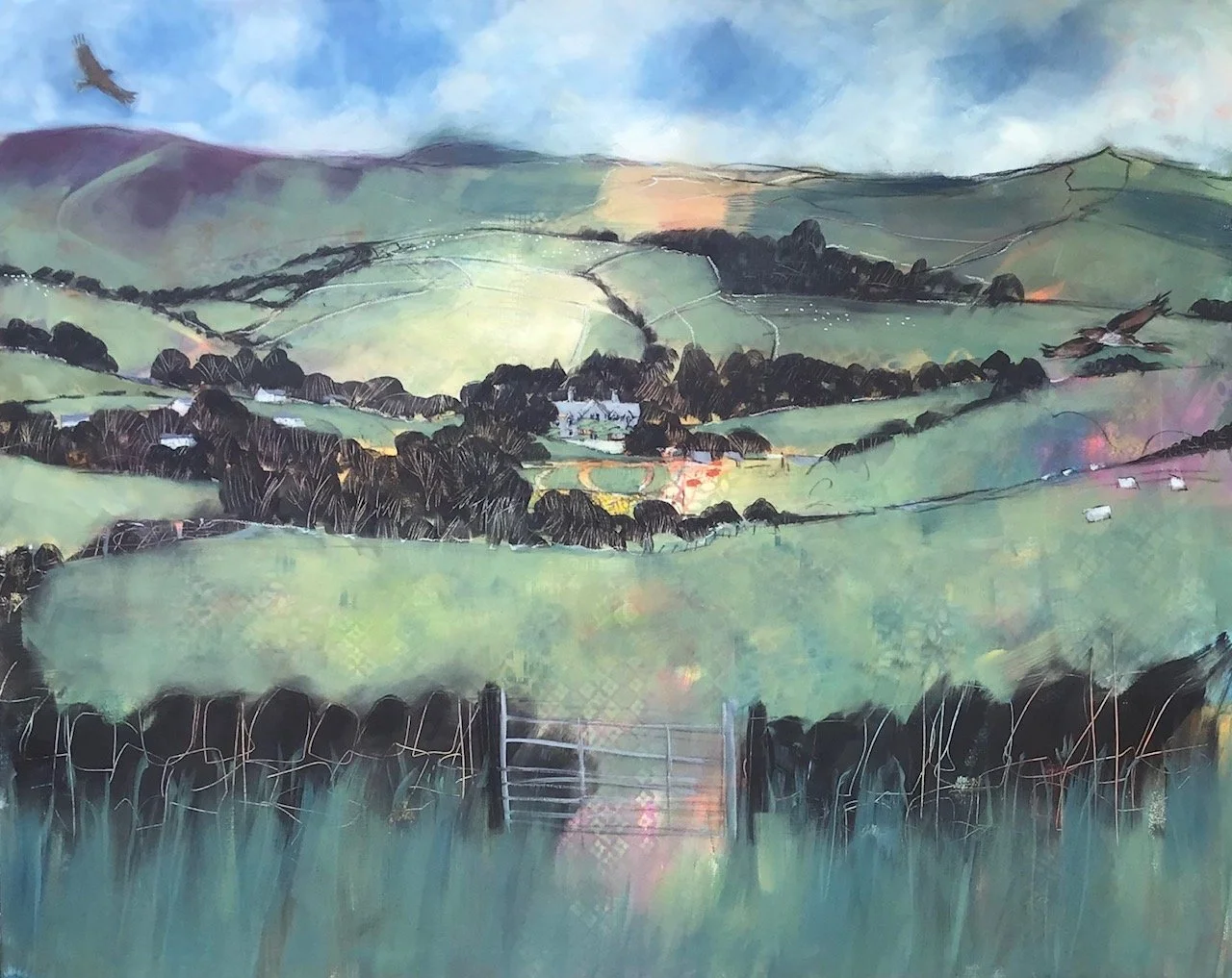 A pastel landscape painting of rolling green hills with scattered trees and a few houses, under a partly cloudy sky, with two birds flying in the distance.