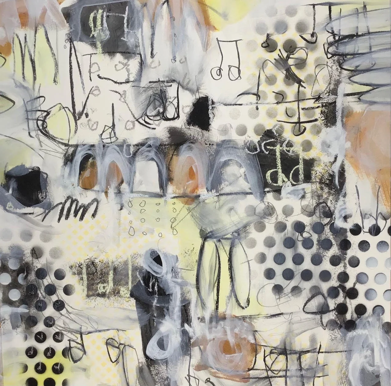 Abstract artwork with black, white, gray, and yellow tones. Includes musical notes, patterns, and scribbles.