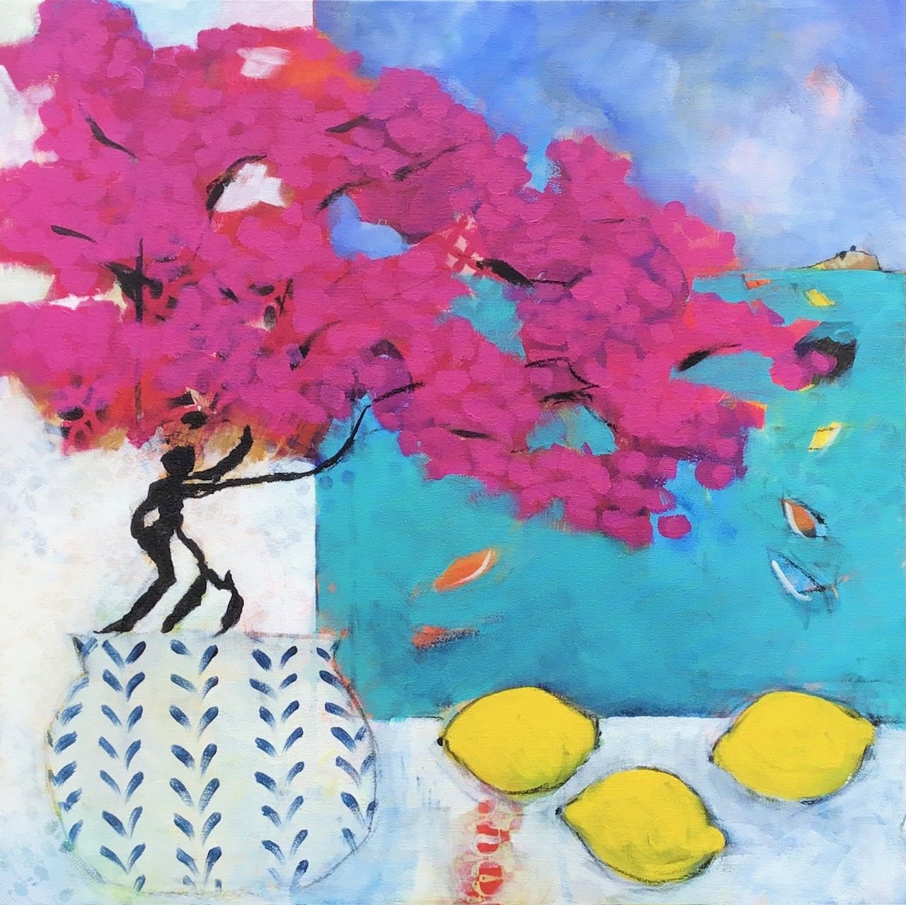 A colorful painting of a pink flowering tree in a blue sky background, with a black silhouette of a person reaching toward the branches, a large patterned vase, and three yellow lemons on a surface.