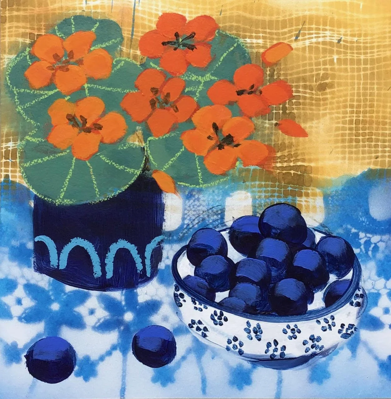 A colorful still life painting of a potted plant with orange flowers and green leaves, and a white bowl filled with dark blueberries on a blue and yellow patterned background.