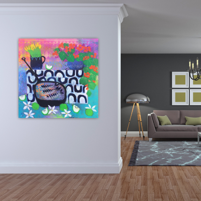 Colorful abstract painting featuring a black pitcher with green flowers, a blue vase with pink flowers, and a black oval object with a musical note, surrounded by green leaves and white flowers.