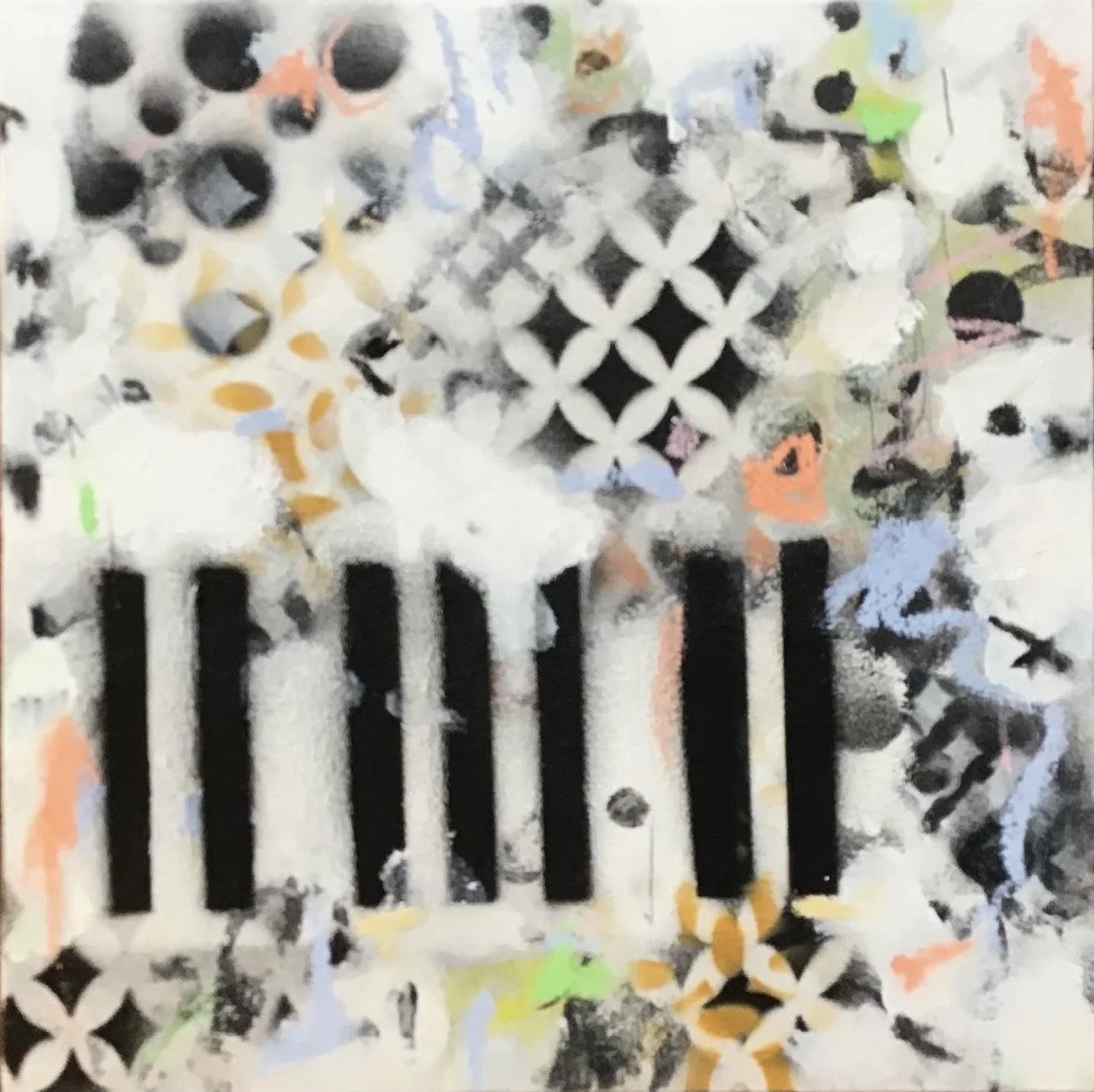 Abstract artwork with black vertical lines resembling a barcode, surrounded by colorful patterns and shapes in white, pastel yellow, orange, green, and black.