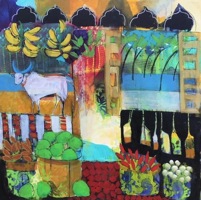 Colorful painting of a farm scene with bananas hanging from a tree, a white goat, baskets of green and white vegetables, and vibrant plants and flowers.