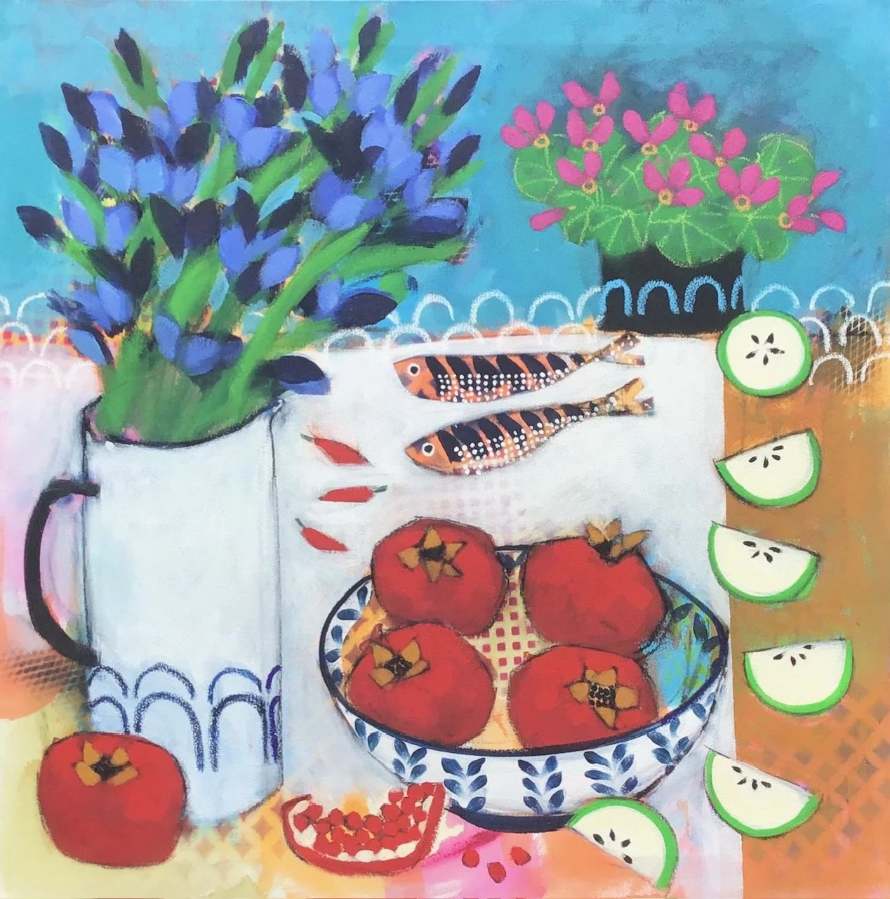 A colorful painting of a table with pomegranates, sliced cucumber, fish, and potted plants, with vibrant background colors.