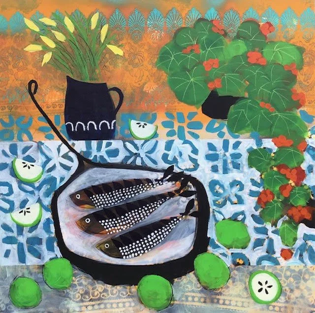 Colorful painting of a table with three fish on a plate, surrounded by green apples, slices of cucumber, potted plants with yellow and red flowers, and a patterned blue and orange background.