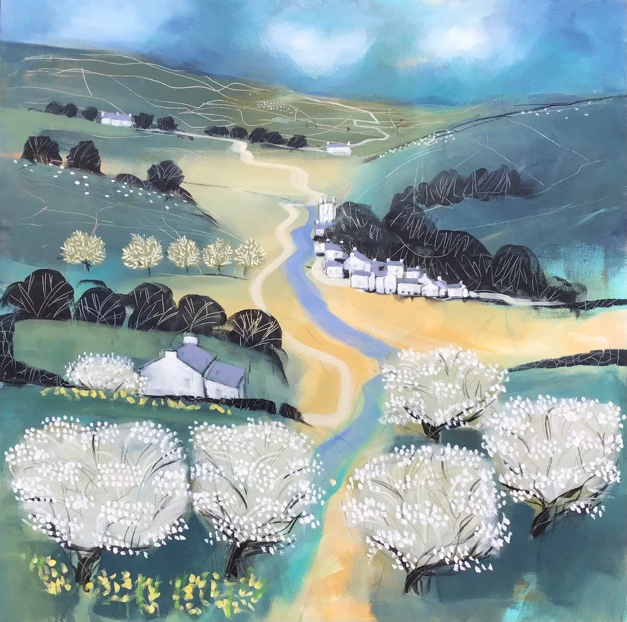 A colorful landscape painting of a countryside scene with rolling hills, a winding river, trees with white blossoms, houses, and distant mountains under a blue sky.
