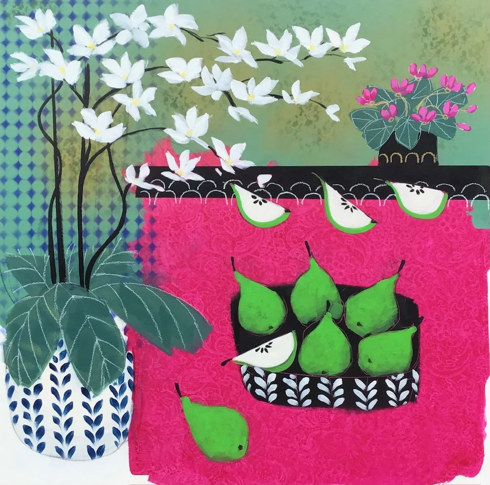 A colorful still life painting featuring white and pink flowers in vases, with a basket of green pears and slices, on a pink background with a green and blue patterned backdrop.
