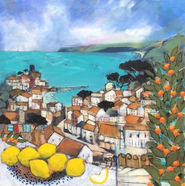 Painting of a coastal town with houses and buildings near the water, orange trees with fruit in the foreground, and hills and sky in the background.