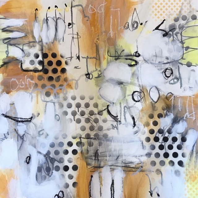 Abstract mixed media artwork with white, black, and yellow paint, ink sketches, and patterned dots.