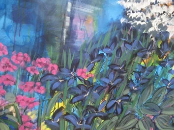 Colorful abstract painting of a garden with pink and purple flowers and green foliage.