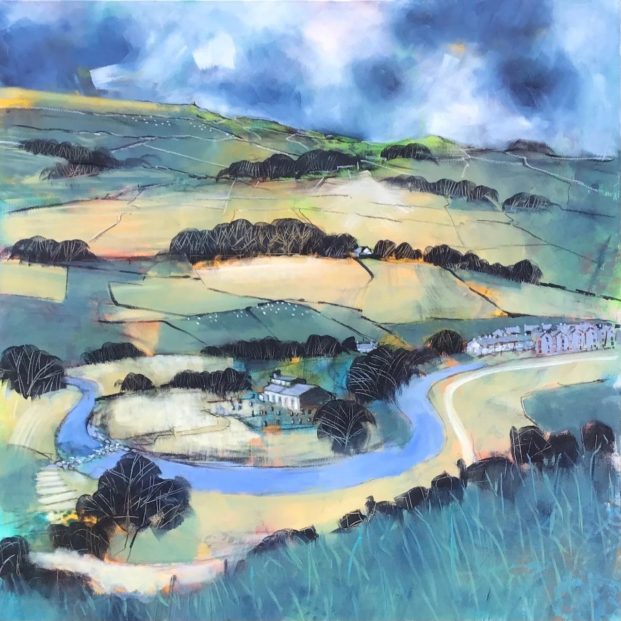 A colorful painting of a hilly landscape with fields, trees, a winding river, and a small village with houses under a cloudy sky.