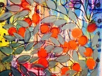 Abstract painting with orange and red circular shapes, green and purple accents, and a textured background.