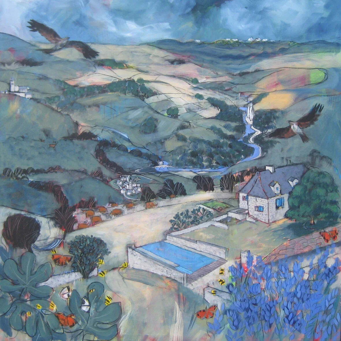 A colorful landscape painting of rolling green hills with a winding river, a stone house with blue shutters, a swimming pool, trees, and distant mountains. Birds are flying in the sky.