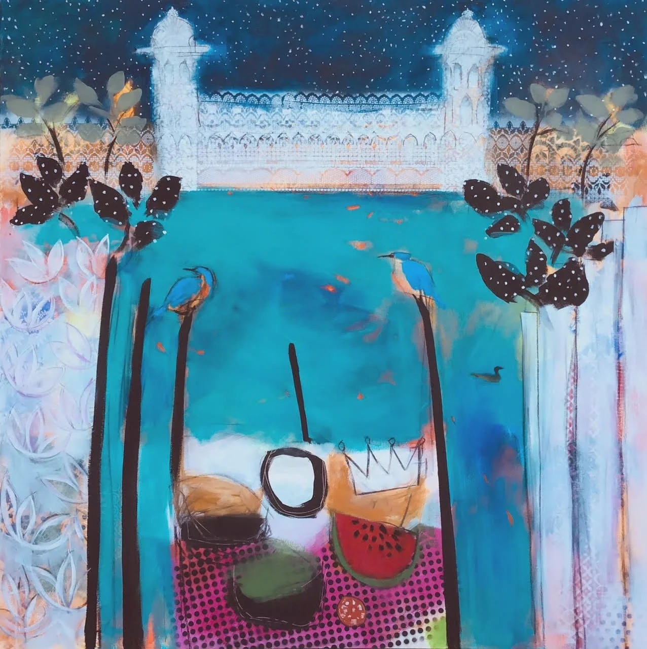 Abstract painting of a park scene with a blue pond, black leafed trees, birds, and a white castle in the background under a starry sky.