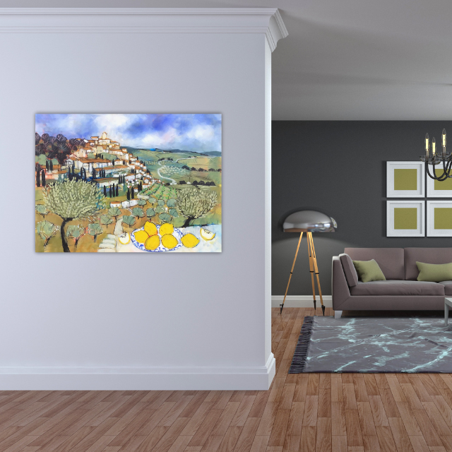 Interior of a living room with a painted landscape hanging on a white wall, a floor lamp, a gray sofa with pillows, and a chandelier