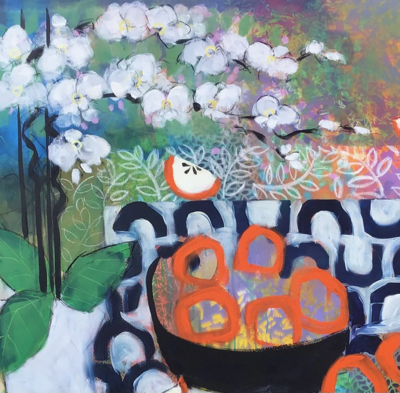 Abstract painting of white orchid flowers, green leaves, and a black bowl filled with orange outlined, purple geode-like shapes on a colorful background.