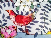 Colorful illustration of a red bird with white spots standing among various flowers and leaves.