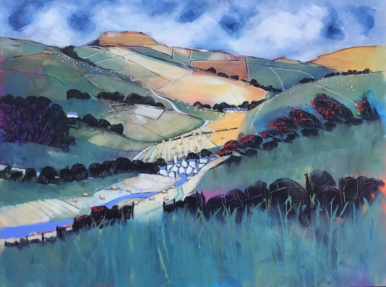 A colorful watercolor painting of rolling green hills with patches of cultivated land, winding roads, and clusters of trees under a partly cloudy sky.
