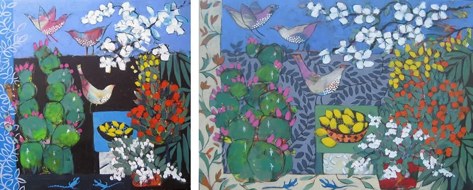 Two vibrant paintings of birds and cacti with colorful flowers and foliage.