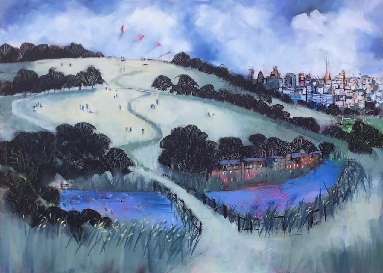 A painted landscape of a hilly park with trees, pathways, and small water bodies, with a city skyline in the background under a blue sky.