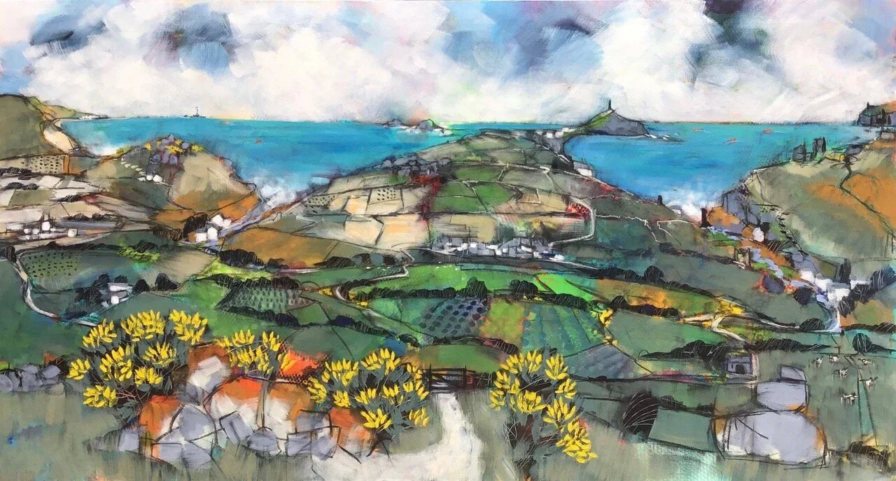 Colorful painting of a coastal landscape with green hills, yellow flowers, and the ocean in the background.