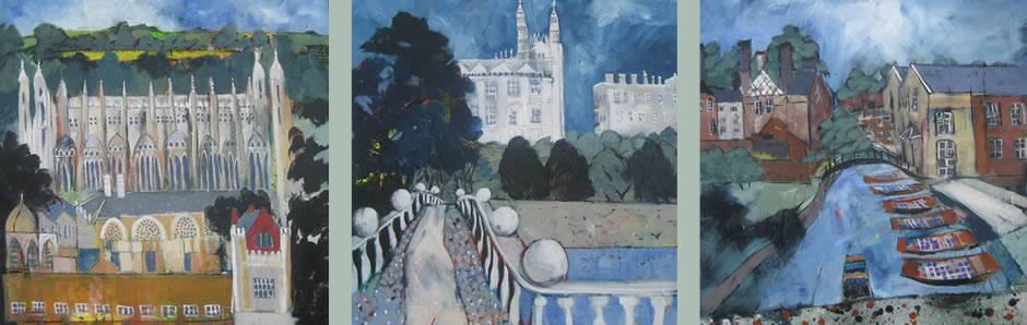 Three paintings of castles and cityscapes with watercolor style, depicting historic buildings, a bridge, and parked cars.