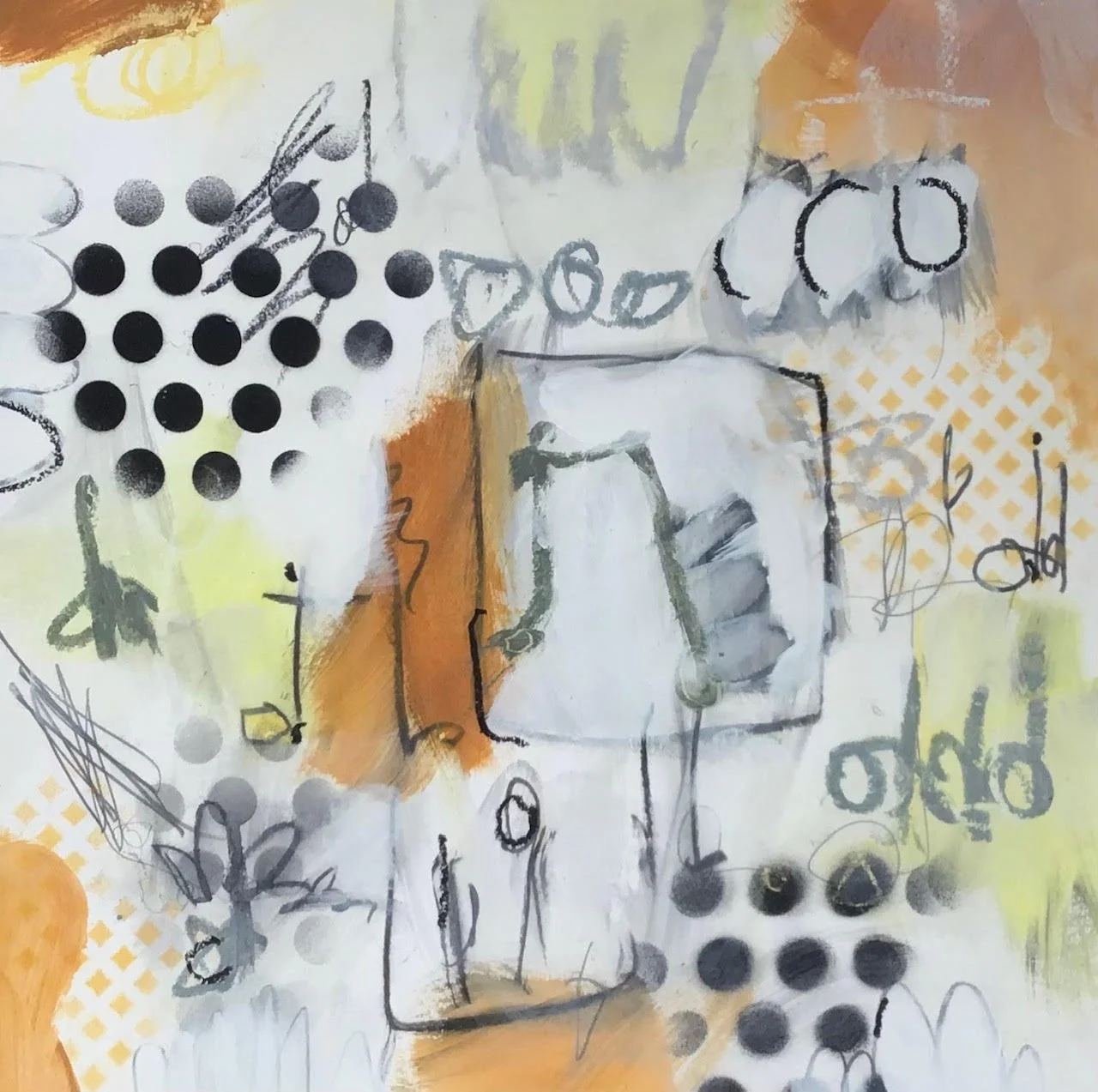 Abstract artwork with brush strokes, doodles, black dots, and geometric shapes in gray, black, yellow, with orange and white background.