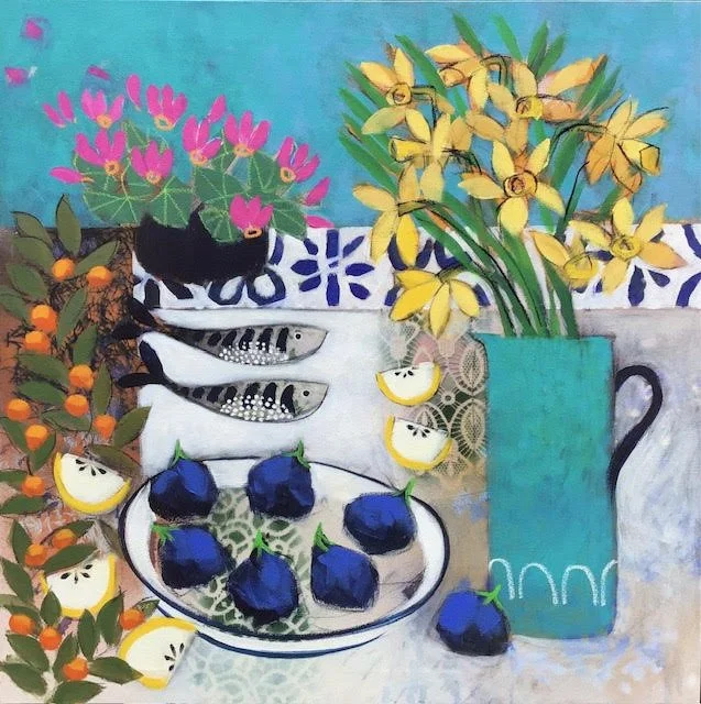 Colorful painting of a kitchen table with a teal vase holding yellow flowers, a plate of six blueberries, a bowl with three fish, and lemon slices. Pink flowers, green foliage, and a black bird or cat are also visible in the background.