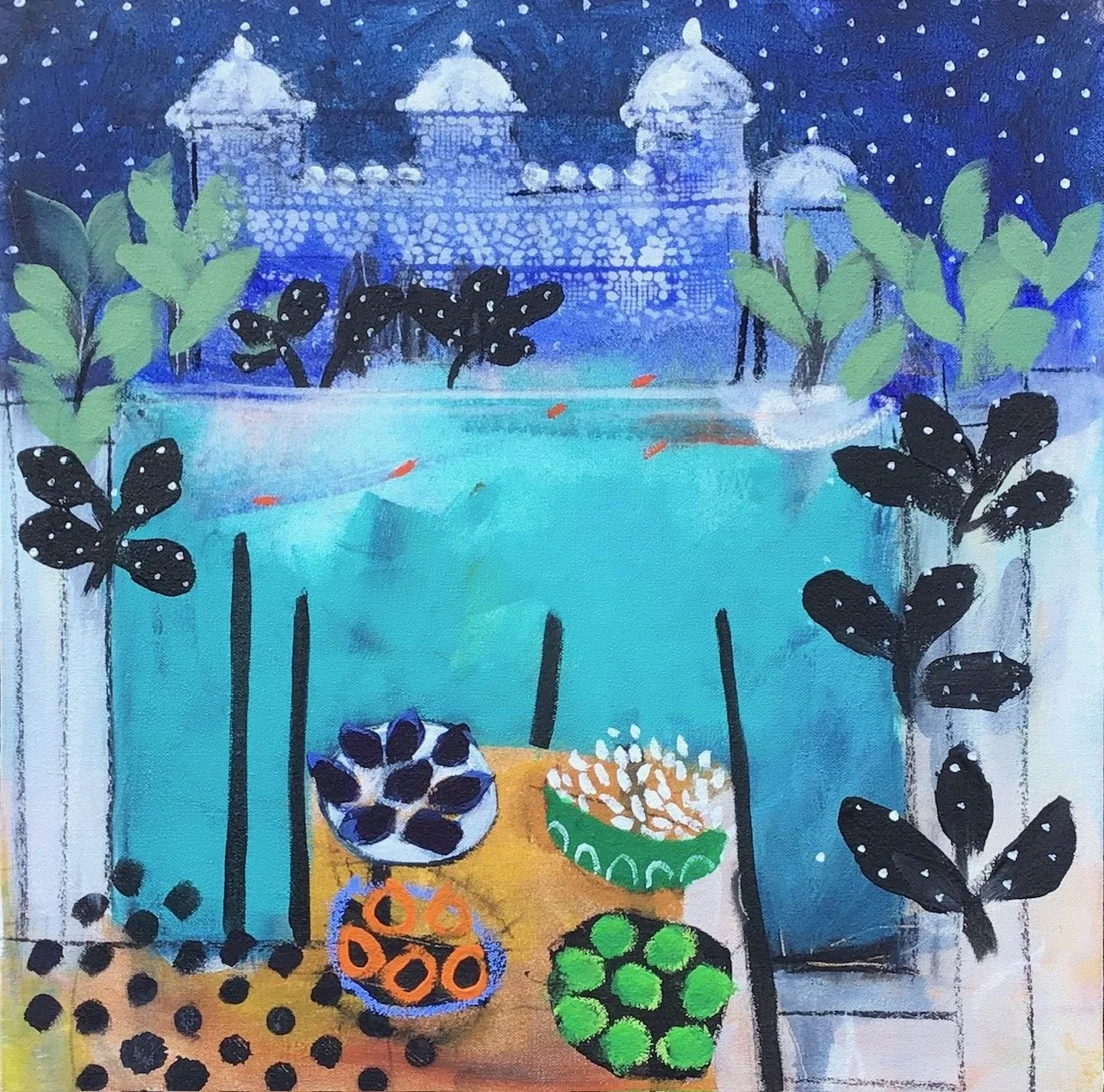 A colorful painting depicting a palace or castle in the background, a pond with orange fish, and various stylized plants and flowers.