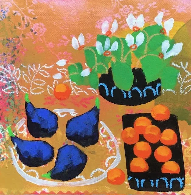 A colorful painting of a still life with four eggplants on a white plate, a bunch of oranges on a black tray, and a potted cactus plant with white flowers, set against a pink and orange background.