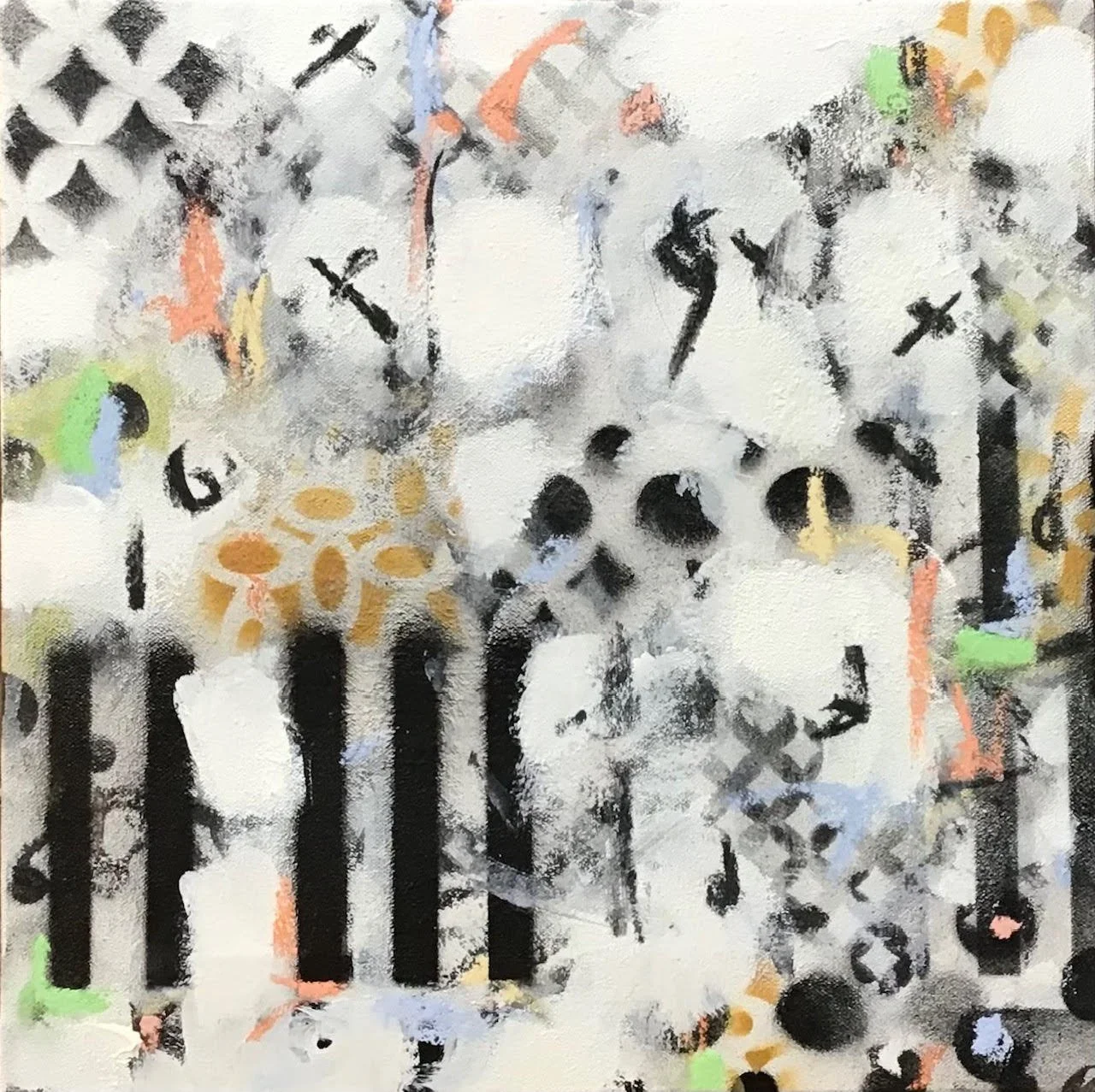 Abstract painting featuring a predominantly white background with black, orange, green, and blue accents, and a central white dog with black nose at the center.