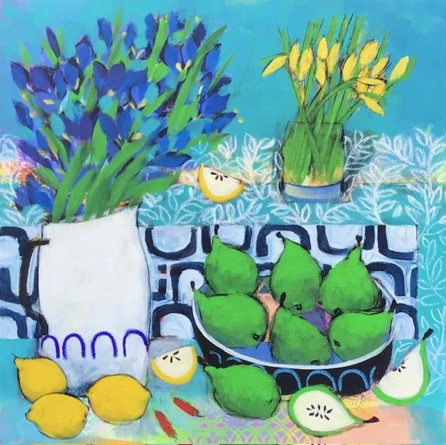 Painting of a still life with a white pitcher with purple handles, purple, blue, and green flowers, yellow lemons, green pears, and sliced pears on a patterned tablecloth with water and background in shades of blue.