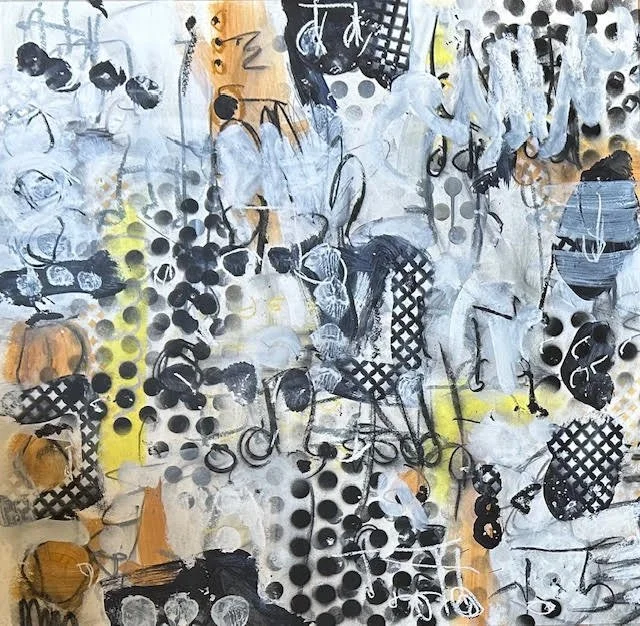 Abstract painting with black, white, yellow, and orange colors, featuring various shapes, dots, and scribbles.