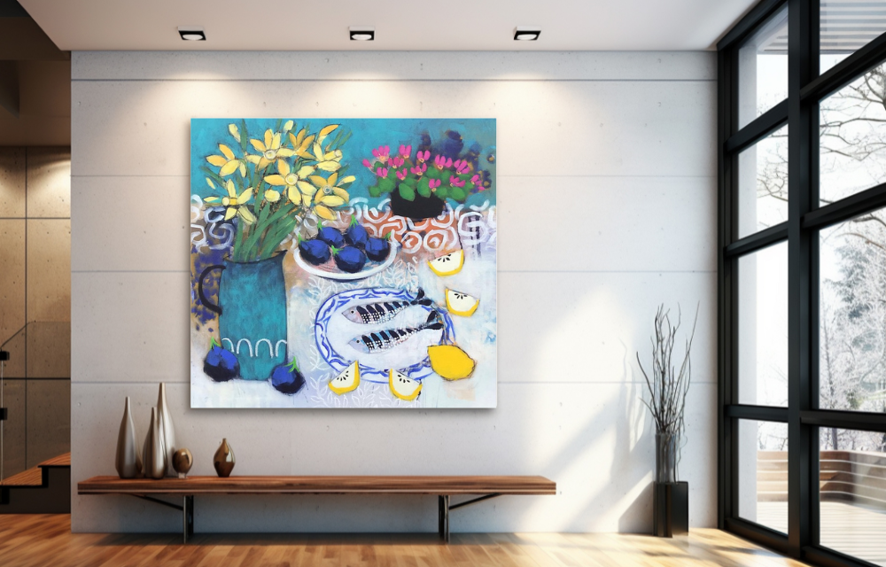 Colorful still life painting of yellow flowers, purple berries, fish on a blue plate, and lemon wedges on a table, with a modern art style.