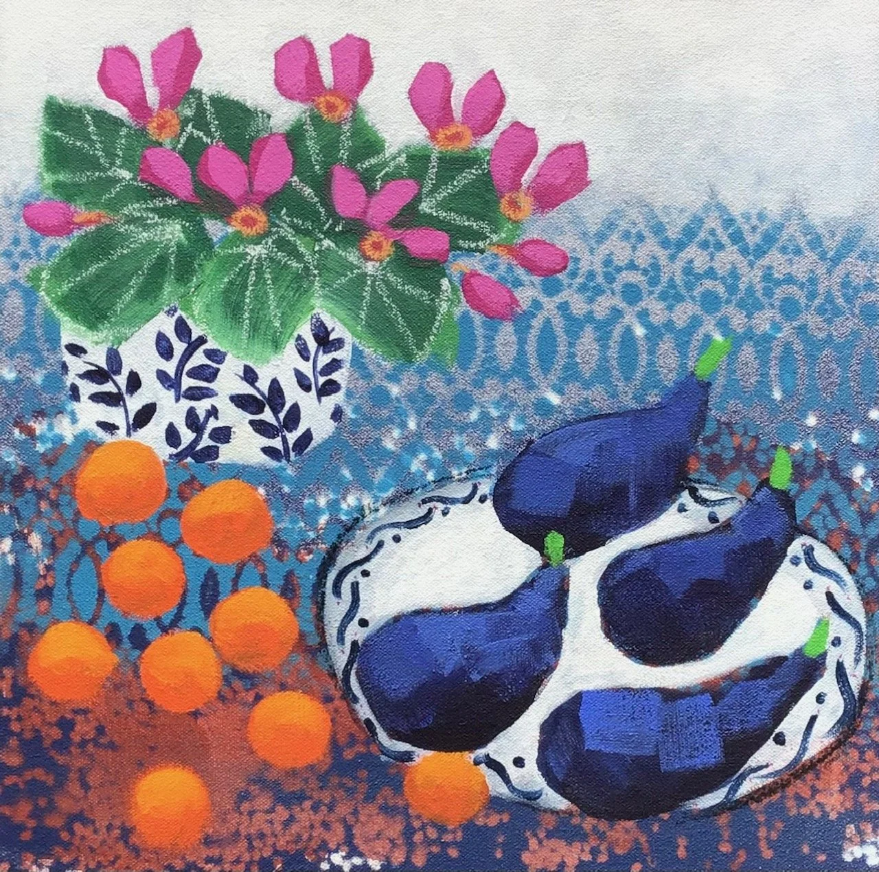 Colorful painting of a blue and white patterned bowl with purple eggplants, a white vase with purple leaves, and a pink flowered plant on a textured background.