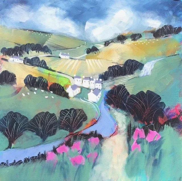 Colorful landscape painting of rolling hills, trees, a winding river, white houses, and pink flowers in the foreground under a partly cloudy sky.