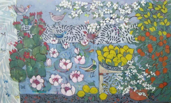 A colorful painting of a garden scene with blooming flowers, green cacti with red flowers, various birds, and orange fruits on a tree.