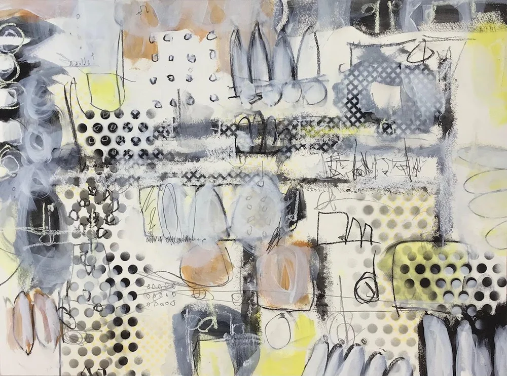 Abstract painting with black, gray, white, yellow, and peach colors, featuring circles, lines, and various geometric and scribbled shapes.