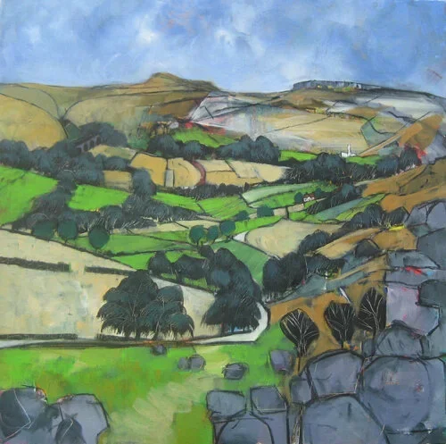 A colorful landscape painting of rolling green hills, trees, and a cloudy sky.