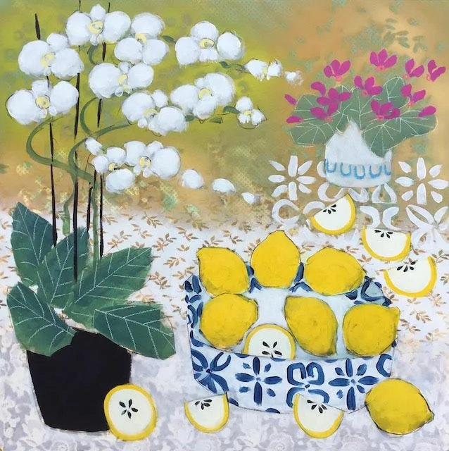 Painting of white orchids in a black pot, a blue and white patterned bowl with yellow lemons, and a vase with pink flowers on a lace tablecloth.