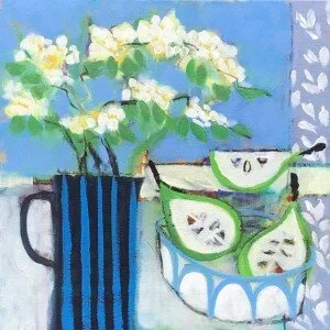 pears and blue bowl
