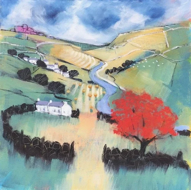 Colorful painting of a rural landscape with hills, a winding river, a red tree, and scattered houses.
