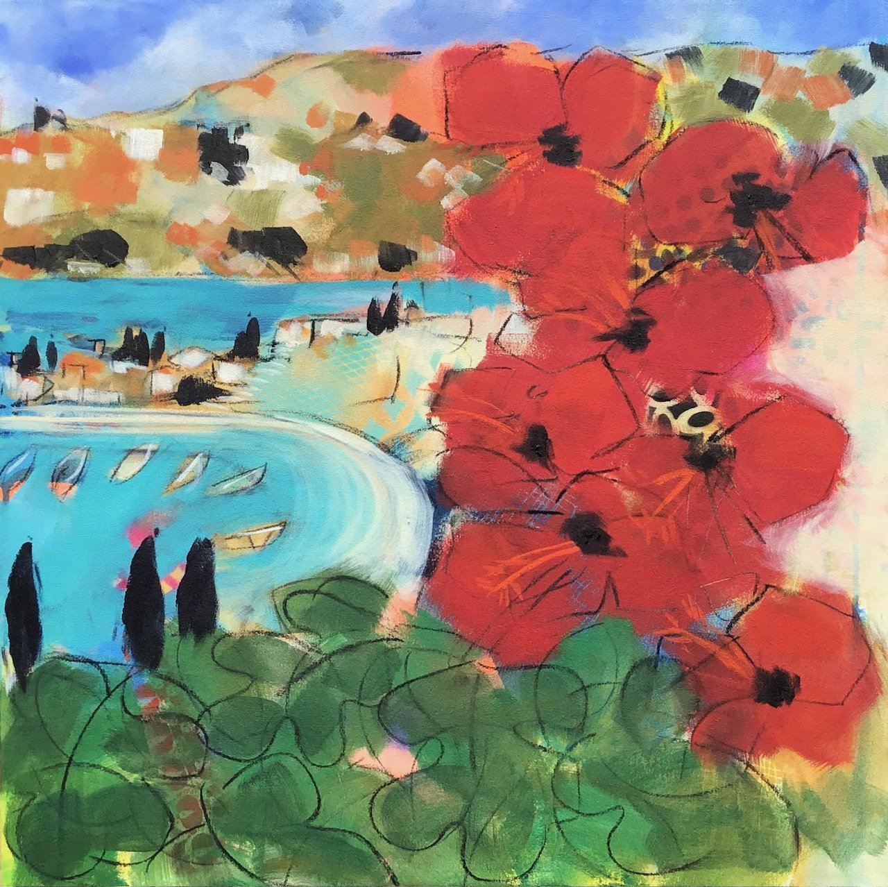 Colorful abstract landscape with a winding river, red flowers, and rolling hills in the background.