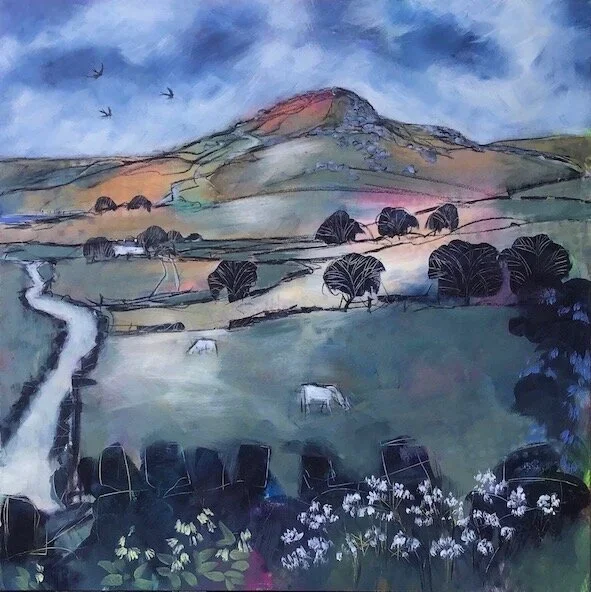 Painting of a rural landscape with a hill in the background, trees, a small stream, sheep grazing, and wildflowers in the foreground.