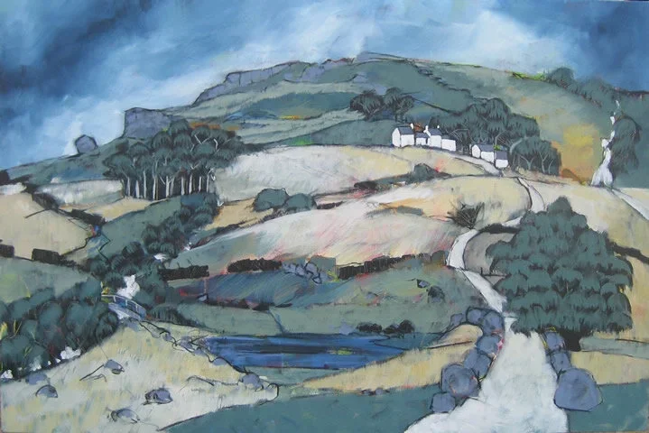 Painting of rolling green hills with small white houses, trees, a winding path, and a body of water in the foreground.