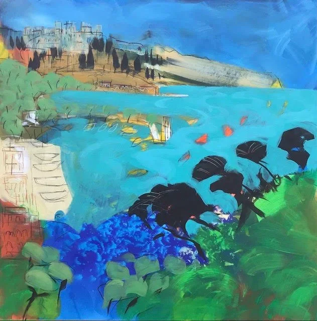 Colorful abstract painting of a lakeside scene with shoreline trees, houses, a blue lake, and hills in the background.