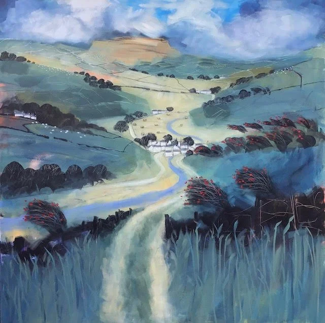 A colorful landscape painting of rolling green hills, a winding river, and trees, under a partly cloudy sky.