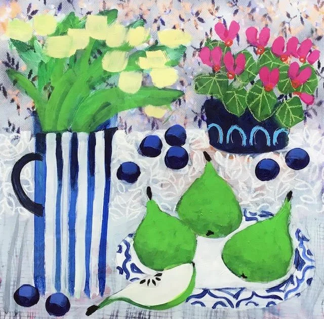 Painting of two green pears, a bunch of blueberries, and two potted plants with yellow and pink flowers on a table.